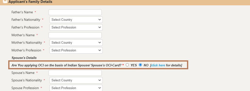 OCI application form - Spouse Details section with NO selected