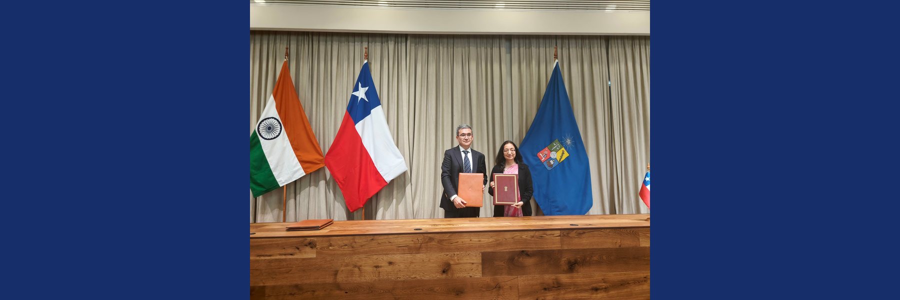 Ambassador Abhilasha Joshi and Mr. Ricardo Gamboa Valenzuela, Director, Institute of International Studies, University of Chile, with the signed MoU for an ICCR Chair of Indian Studies